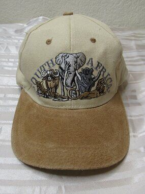 Vintage South Africa Big Five Animal Embroidered Hat - Safari Khaki & Suede